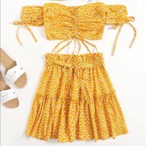 Yellow off shoulder top and skirt set